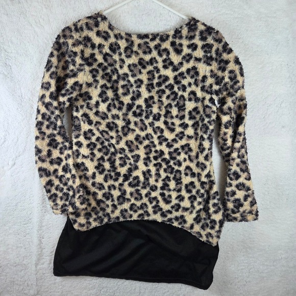 Womens Fuzzy Leopard Print Long Sleeve Tunic Top Black Overlay - Picture 4 of 4